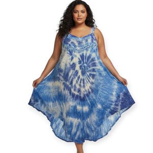 Shoreline Women's Plus 6XL Swim Cover Up Dress Blue Tie Dye Embroidered 6X